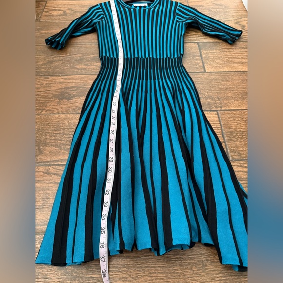 Nanette Lepore Teal & Black Vertical Stripes Mid Century Mod Cocktail Knit Dress - Picture 10 of 10